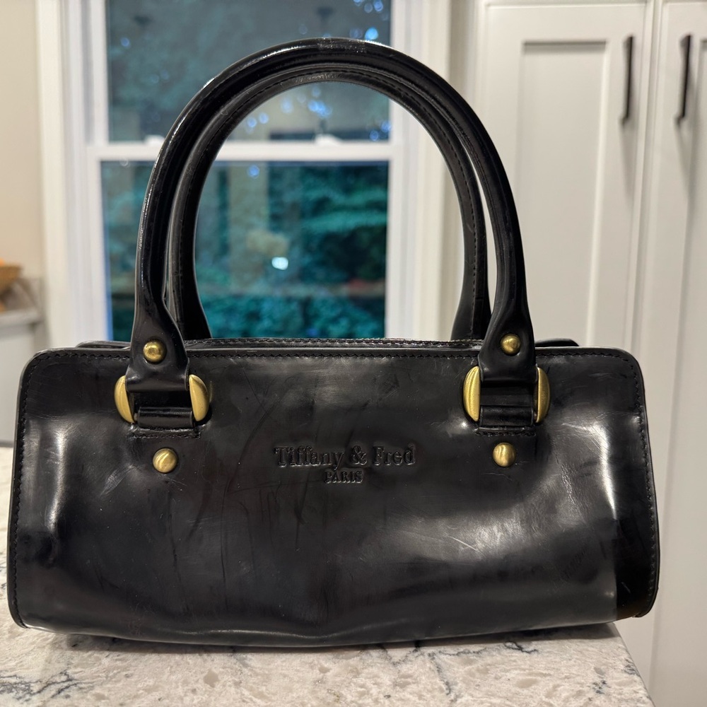 Tiffany & Fred Paris Patent Leather Top-Handle Tote Women's Black Handbag Scuffs